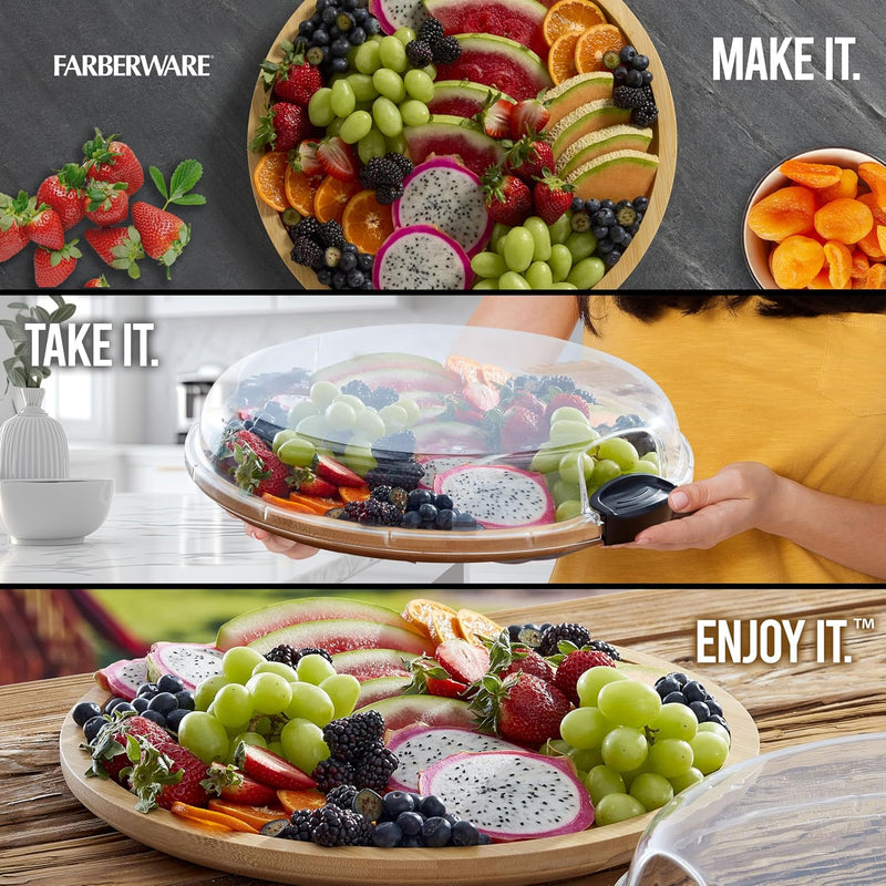 Farberware 14" Round Build-A-Board Cutting Board with Single Compartment and Clear Locking Lid