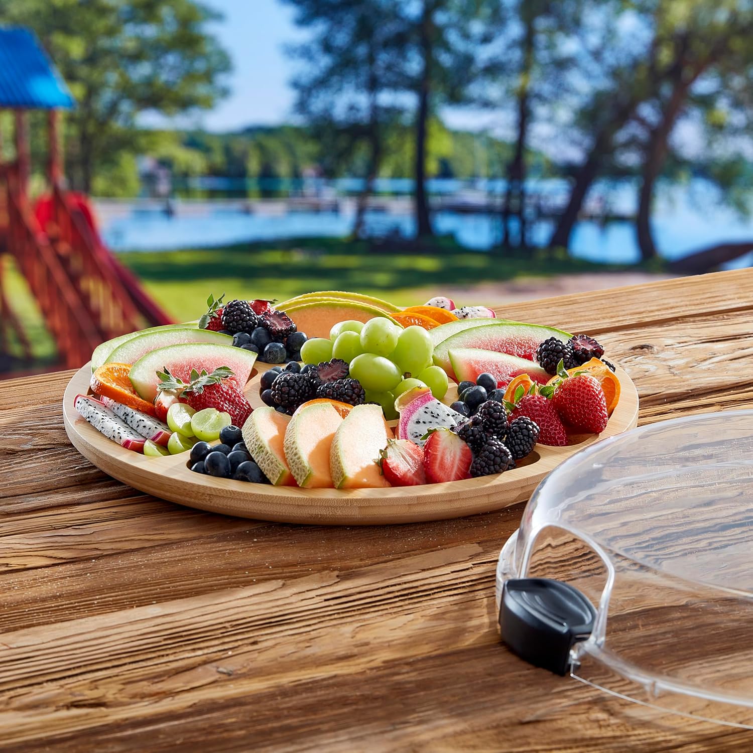 Farberware 14" Round Build-A-Board Cutting Board with Five Compartments and Clear Locking Lid