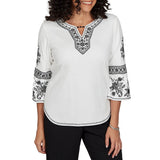 Alfred Dunner Womens Geo Floral Split Neck Embroidered Top