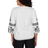 Alfred Dunner Womens Geo Floral Split Neck Embroidered Top