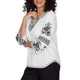 Alfred Dunner Womens Geo Floral Split Neck Embroidered Top