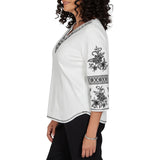 Alfred Dunner Womens Geo Floral Split Neck Embroidered Top