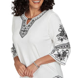 Alfred Dunner Womens Geo Floral Split Neck Embroidered Top