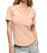 Lucky Brand Womens Short Sleeve Cutwork Henley Shirt