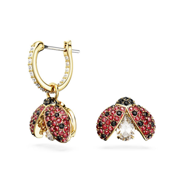 Swarovski Idyllia Ladybug Asymmetrical Earrings - Red, Gold-Tone Plated