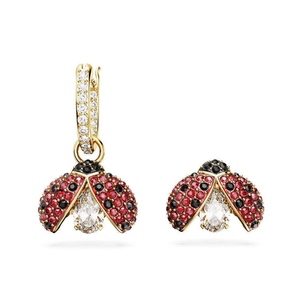 Swarovski Idyllia Ladybug Asymmetrical Earrings - Red, Gold-Tone Plated