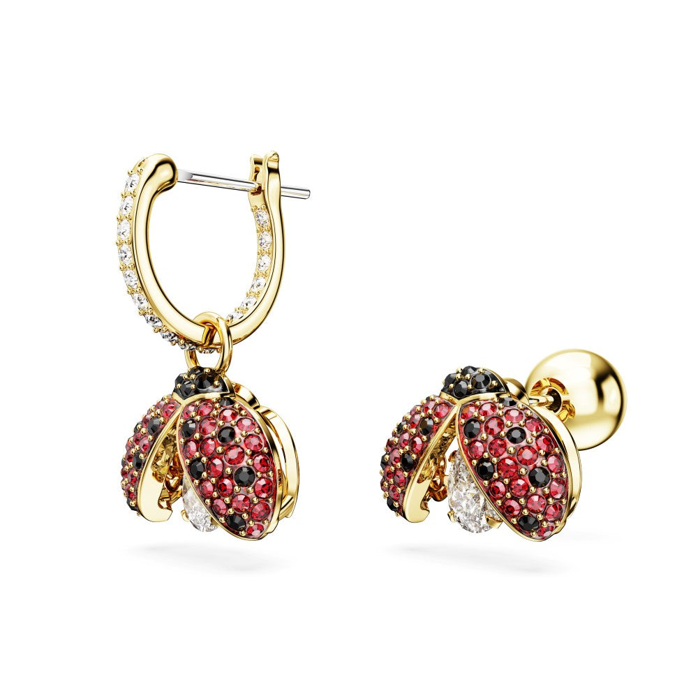 Swarovski Idyllia Ladybug Asymmetrical Earrings - Red, Gold-Tone Plated