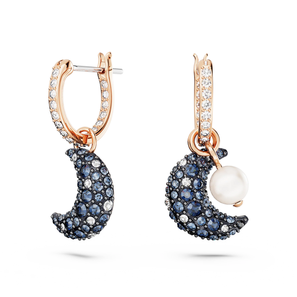 Swarovski Luna Drop Earrings - Crystal pearl, Asymmetrical design, Moon, Multicolored, Rose gold-tone plated