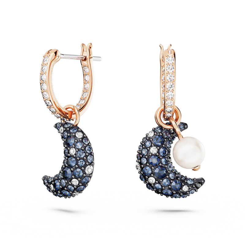 Swarovski Luna Drop Earrings - Crystal pearl, Asymmetrical design, Moon, Multicolored, Rose gold-tone plated