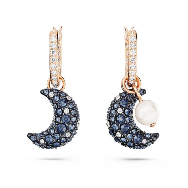 Swarovski Luna Drop Earrings - Crystal pearl, Asymmetrical design, Moon, Multicolored, Rose gold-tone plated