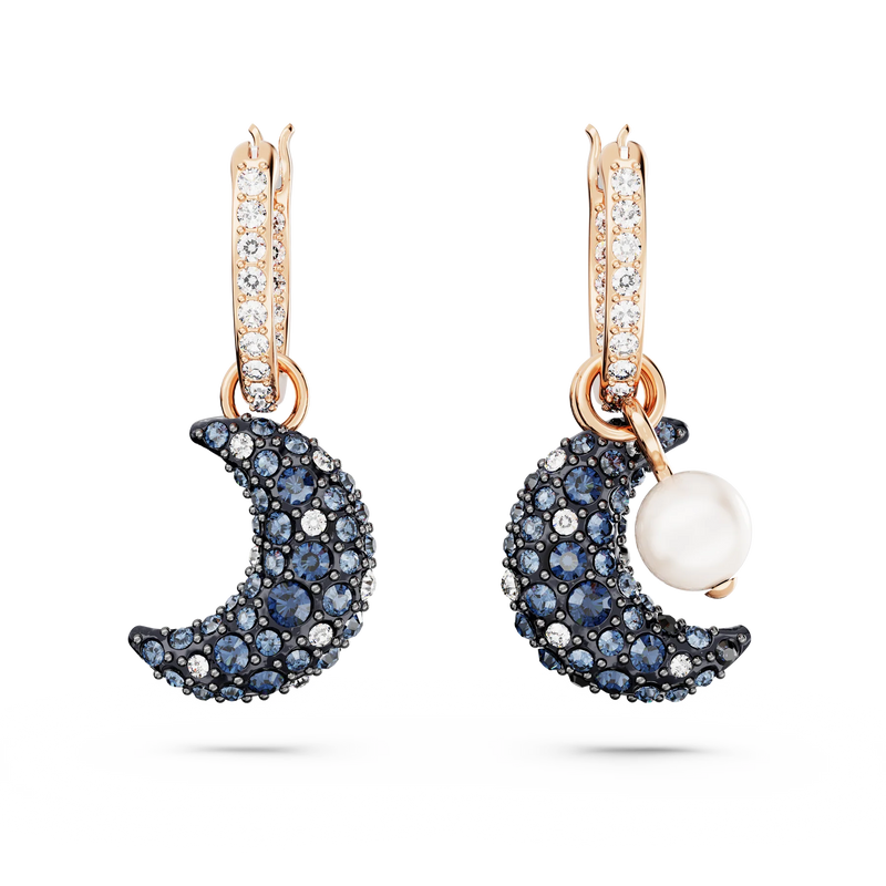 Swarovski Luna Drop Earrings - Crystal pearl, Asymmetrical design, Moon, Multicolored, Rose gold-tone plated