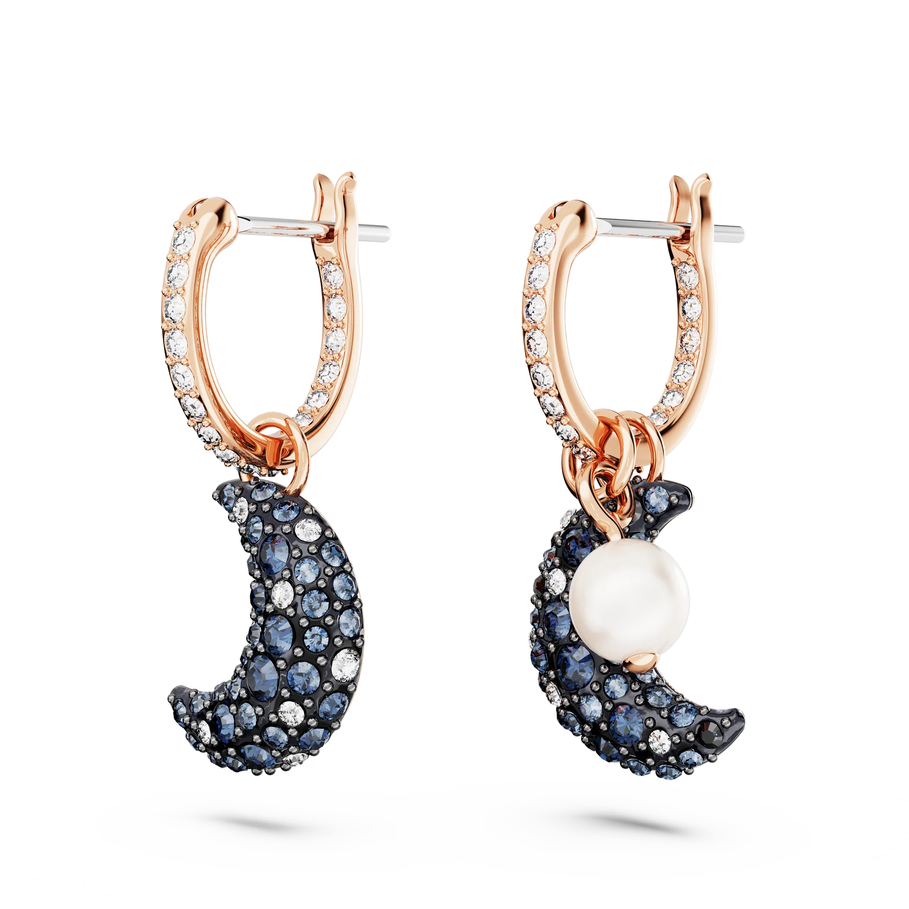 Swarovski Luna Drop Earrings - Crystal pearl, Asymmetrical design, Moon, Multicolored, Rose gold-tone plated