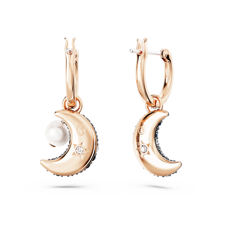 Swarovski Luna Drop Earrings - Crystal pearl, Asymmetrical design, Moon, Multicolored, Rose gold-tone plated