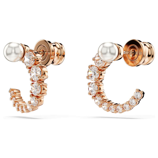 Swarovski Matrix Hoop Earrings - Crystal pearl, Round cut, White, Rose gold-tone plated