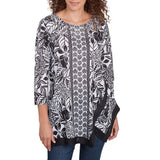 Ruby Rd. Womens Monochrome Floral Sharkbite 3/4 Sleeve Top