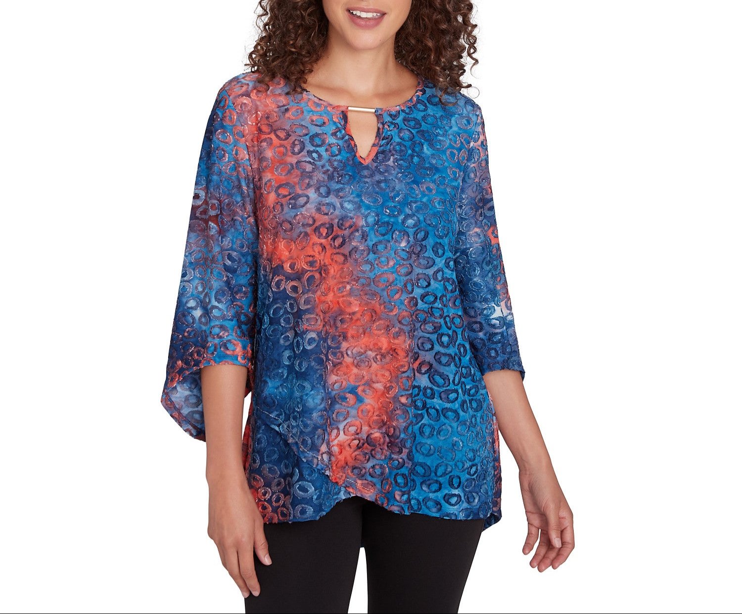 Ruby Rd. Womens Tie Dyed Indigo Spots 3/4 Sleeve Top