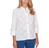 Ruby Road Womens Collared Flower Embroidered Button Down Top
