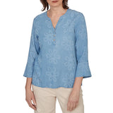 Alfred Dunner Womens Tonal Embroidered Soft Henley Top