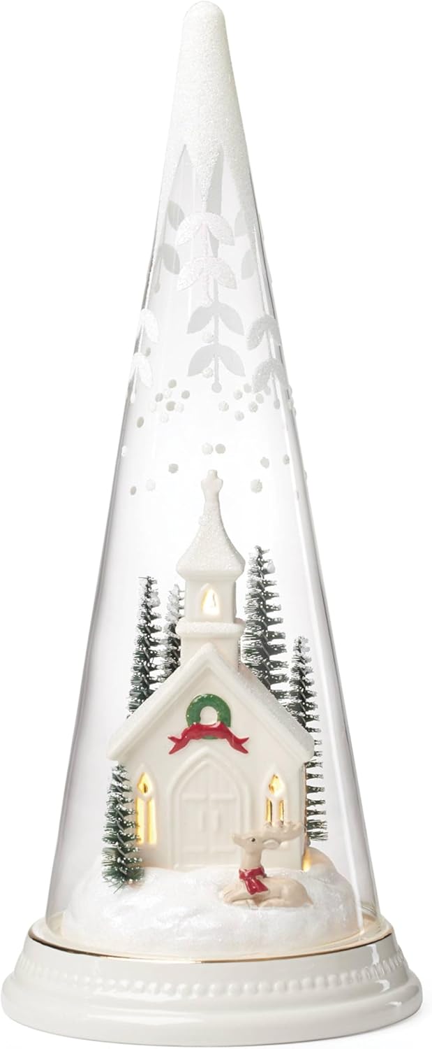 Lenox Lit Christmas Cone with Church Scene