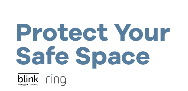 Text 'Protect Your Safe Space' with Blink and Ring logos on a white background