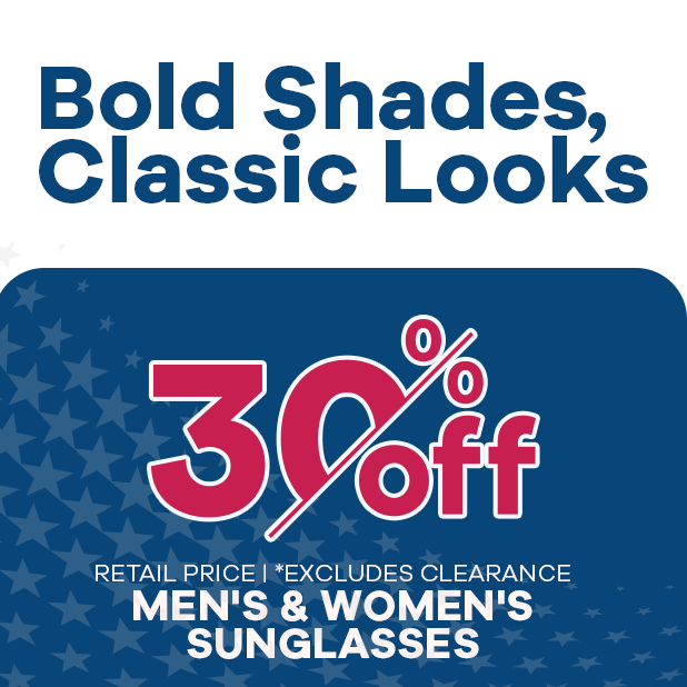 Promotional banner with 'Bold Shades, Classic Looks' text and a 30% off discount on sunglasses.