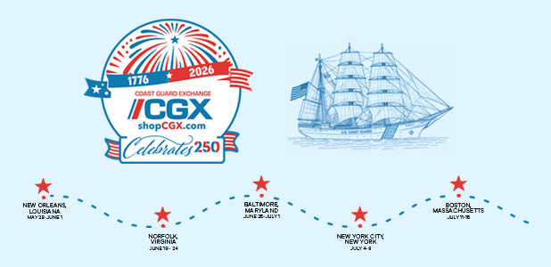 Promotional graphic for Coast Guard Exchange (CGX) celebrating 250 years with a ship illustration and route markers on a light blue background.