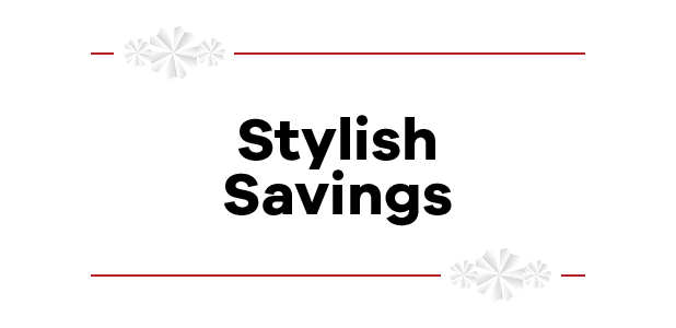 Text 'Stylish Savings' on a white background with decorative elements.