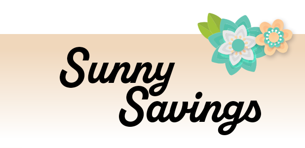 Logo with 'Sunny Savings' text and decorative flowers on a beige background