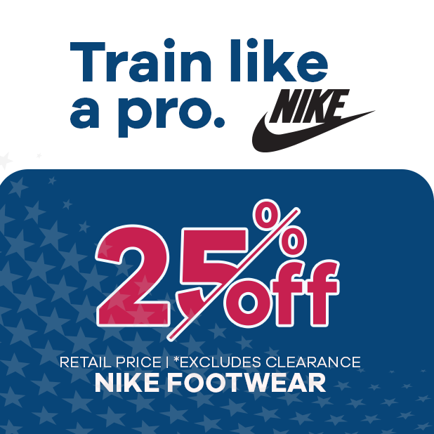 Nike promotional banner with 25% off discount on Nike footwear, featuring the Nike logo and text.