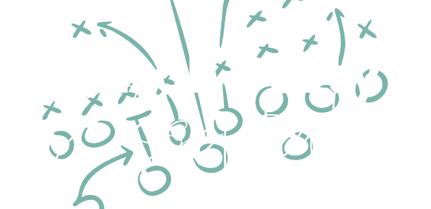 Teal musical notes and symbols scattered on a white background