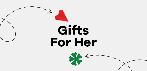 Promotional graphic for 'Gifts For Her' with decorative elements on a white background.