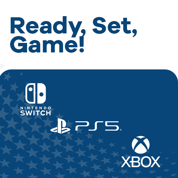 Promotional graphic with 'Ready, Set, Game!' text and logos for Nintendo Switch, PlayStation 5, and Xbox on a blue background.