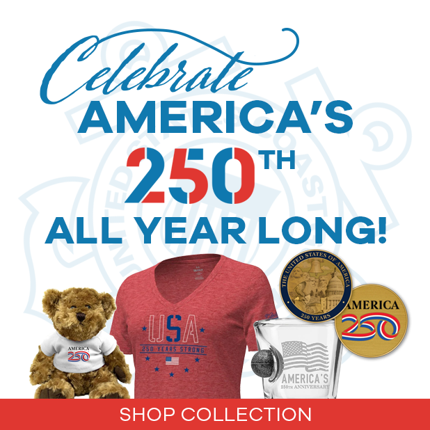 Promotional graphic for a patriotic 250th anniversary collection, featuring a red V-neck T-shirt with 'USA is still strong' text, a small teddy bear wearing a white 'America's 250' shirt, a clear glass mug with 'America's 250th Anniversary' text and flag motif, and two gold commemorative medallion-style seals. Large text reads 'Celebrate AMERICA'S 250TH ALL YEAR LONG!' with 'SHOP COLLECTION' at the bottom.