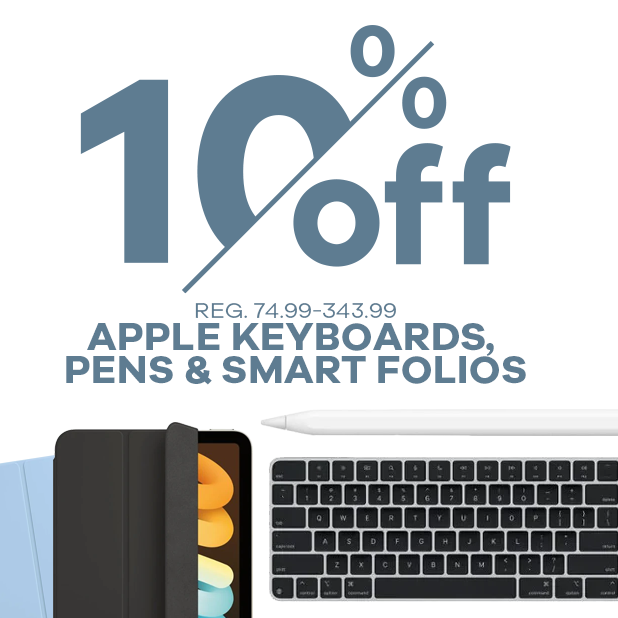 Promotional graphic with large blue text reading '10% off' and 'APPLE KEYBOARDS, PENS & SMART FOLIOS' on a white background, with partial product photos of a tablet in a folio case, a keyboard, and a stylus at the bottom.