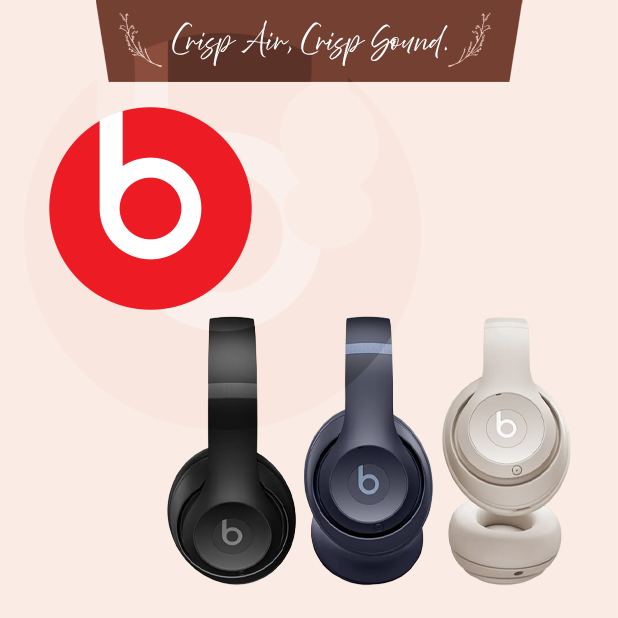 Three pairs of Beats headphones with the Beats logo on a beige background.