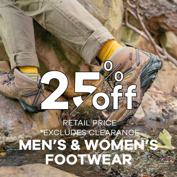 Hiking boots with promotional text overlay on a natural setting
