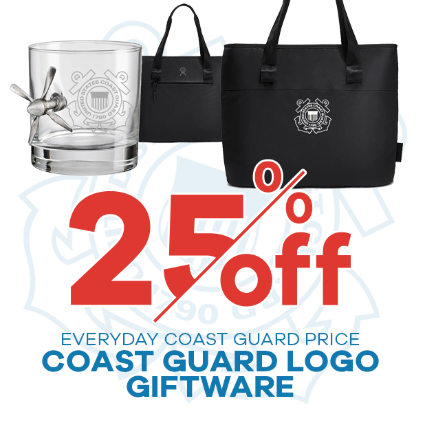 Promotional graphic showing a clear glass with a Coast Guard emblem and a silver propeller, alongside two black tote bags with Coast Guard logos, with large red text reading '25% off' and blue text below.