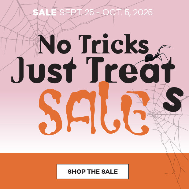 Halloween sale advertisement with spider webs and text on a pink and orange background