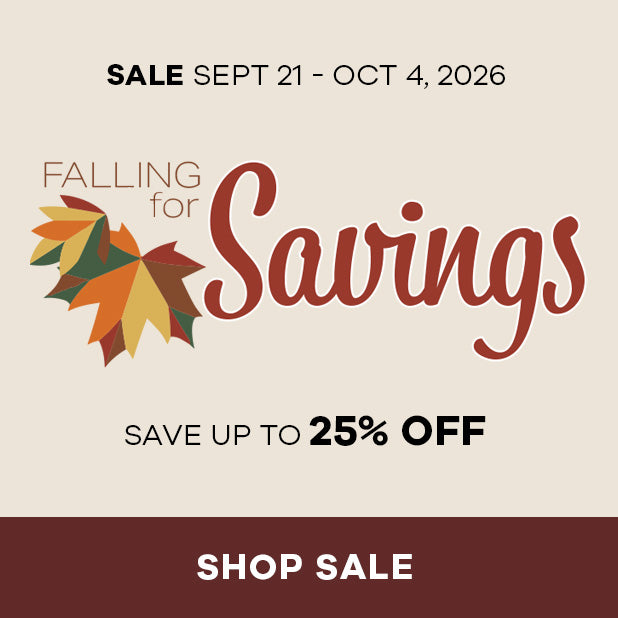 Promotional sale graphic with the text 'SALE SEPT 21 - OCT 4, 2026', 'FALLING for Savings', 'SAVE UP TO 25% OFF', and a dark maroon banner at the bottom reading 'SHOP SALE'.