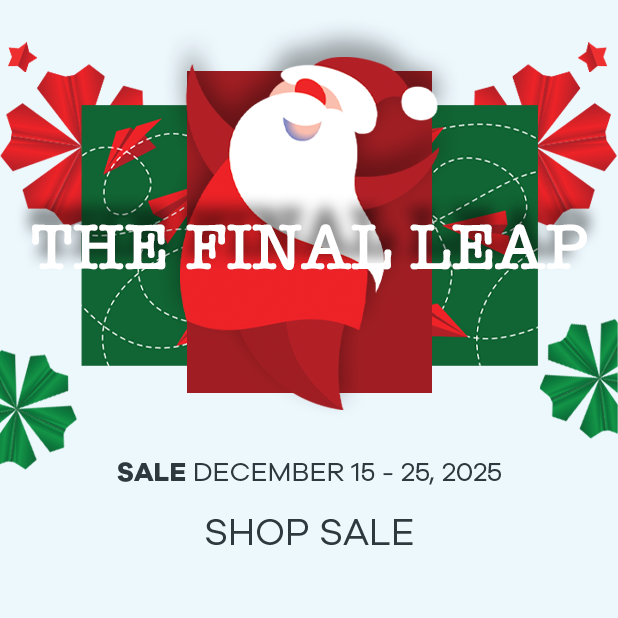 Promotional graphic with Santa Claus and Christmas decorations for a sale event.