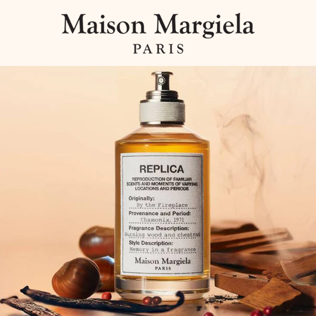 Maison Margiela perfume bottle with vanilla beans and wood on a beige background