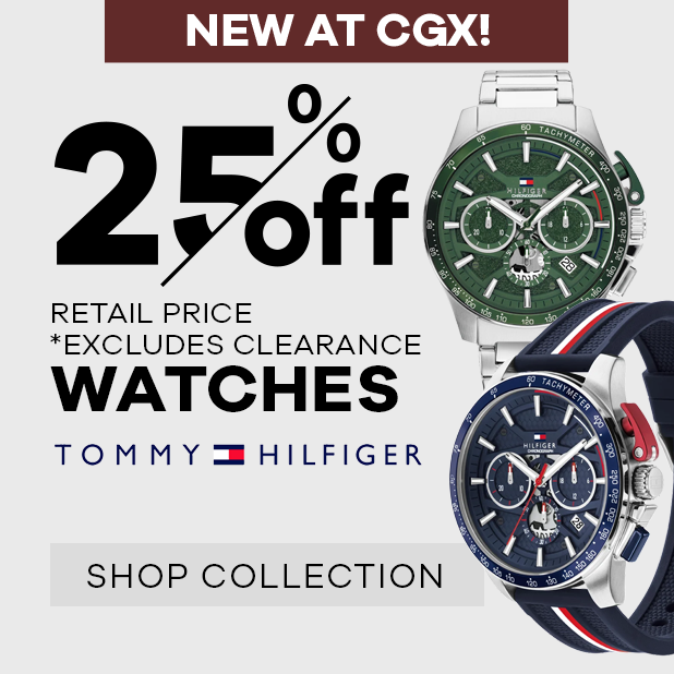 Promotional graphic for Tommy Hilfiger watches showing two wristwatches on a light gray background with large sale text reading '25% off' and 'NEW AT CGX!'.