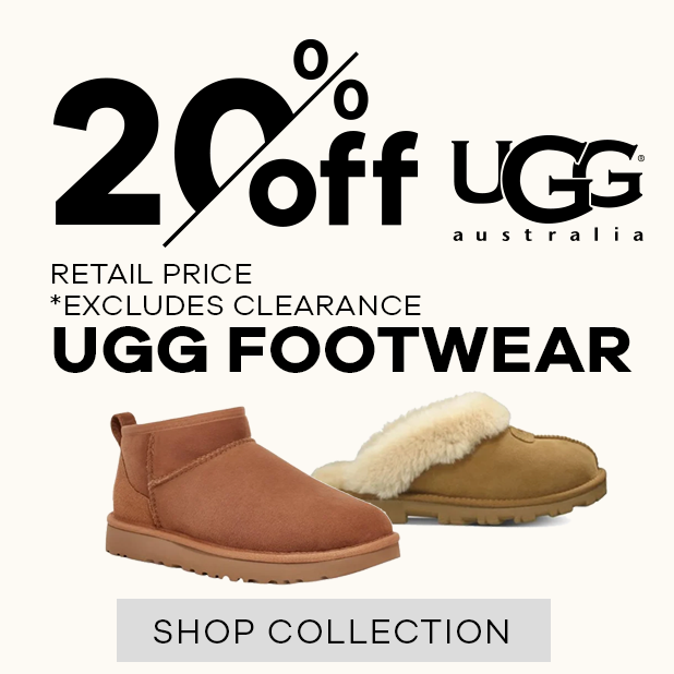 Promotional graphic for UGG Australia featuring a 20% off sale on UGG footwear. The image shows two UGG slippers at the bottom: one in tan suede and one in tan suede with cream shearling lining.