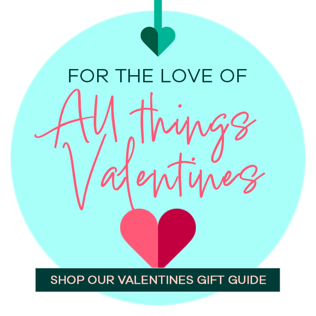 Promotional graphic for a Valentine's Day gift guide with a heart and text on a light blue background.
