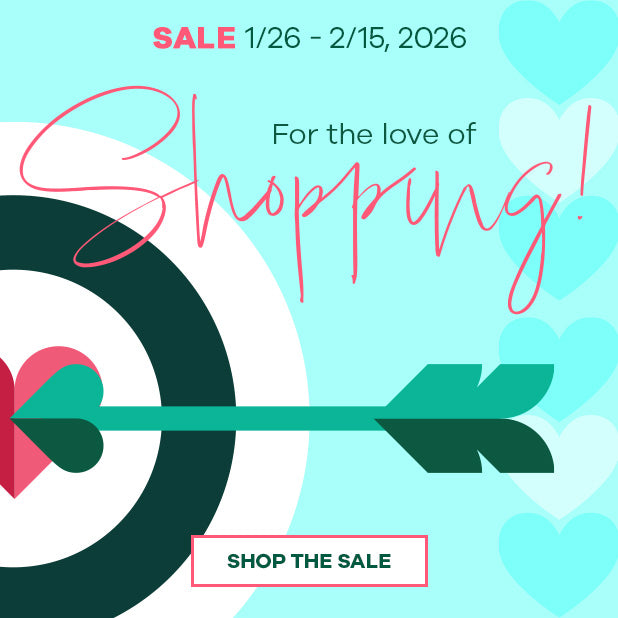 Promotional graphic for a shopping sale with hearts and an arrow on a light blue background.