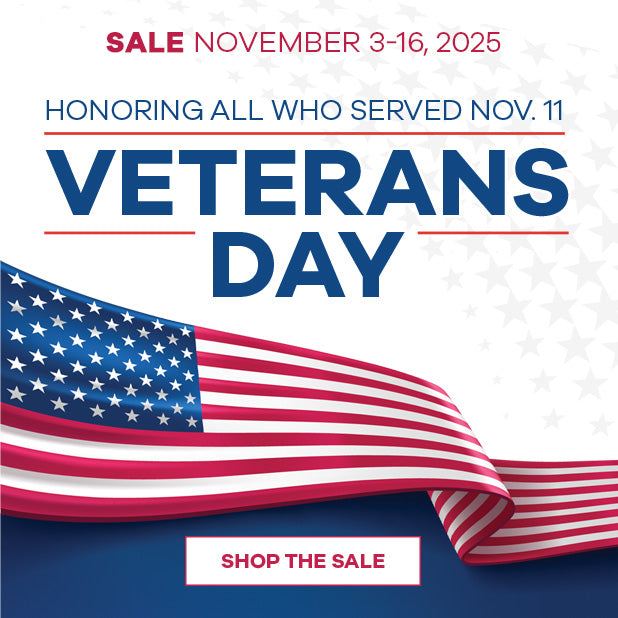 Veterans Day promotional graphic with American flag, sale text, and 'Shop the Sale' button.