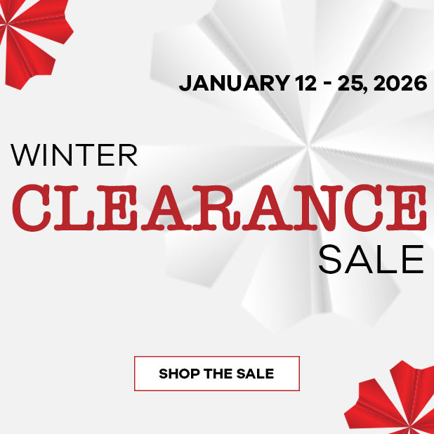 Winter clearance sale advertisement with red and white umbrellas on a white background