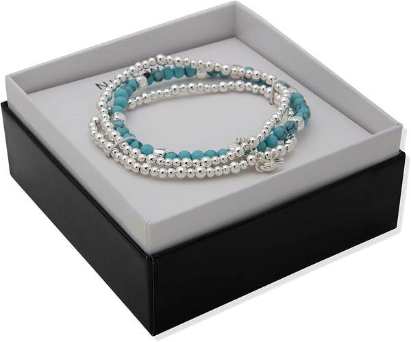 Nine West Silver And Turquoise Stretch Bracelet - Set Of 3