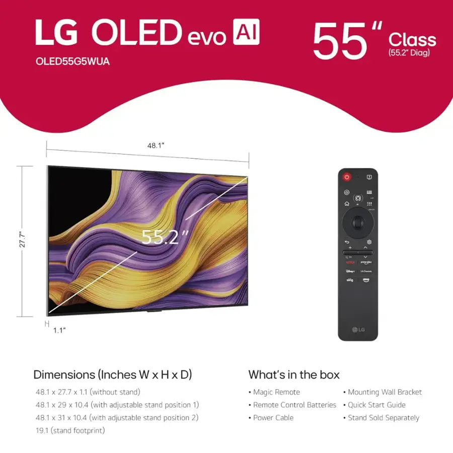 LG 55" Class G5 Series OLED evo AI 4K UHD Smart webOS TV with One Wall Design