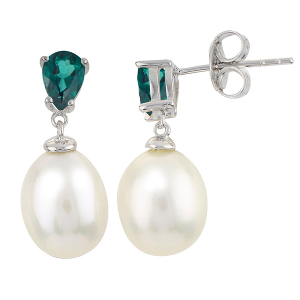 Imperial Pearl Freshwater Cultured Pearl and Pear Cut Lab Created Emerald Earrings